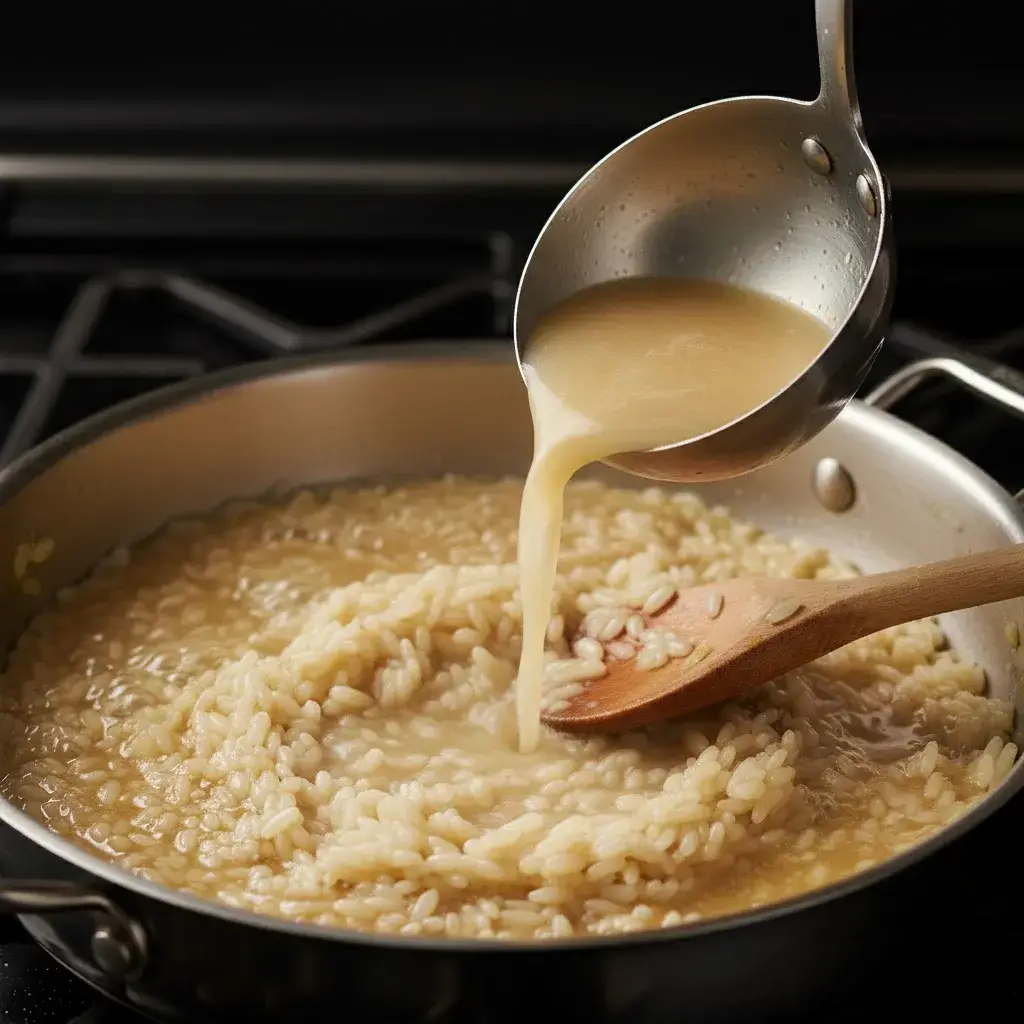 Adicionando caldo quente ao Risoto de Frango.
