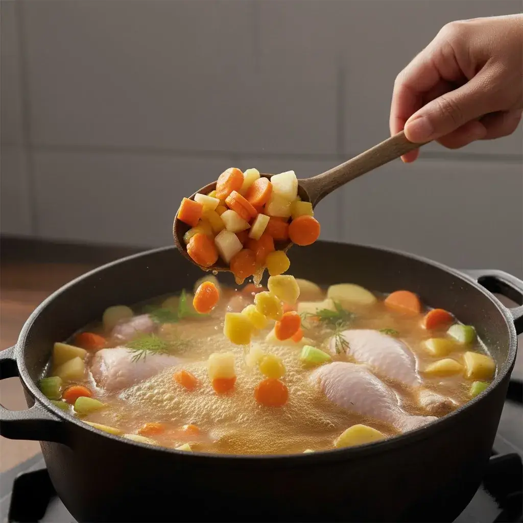 dicionando os legumes cortados à Sopa de Frango.