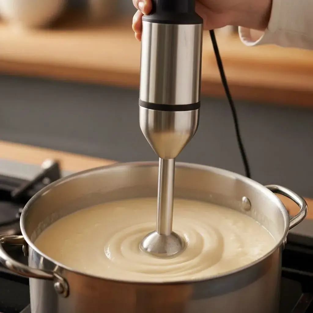 batendo a sopa de couve-flor com mixer