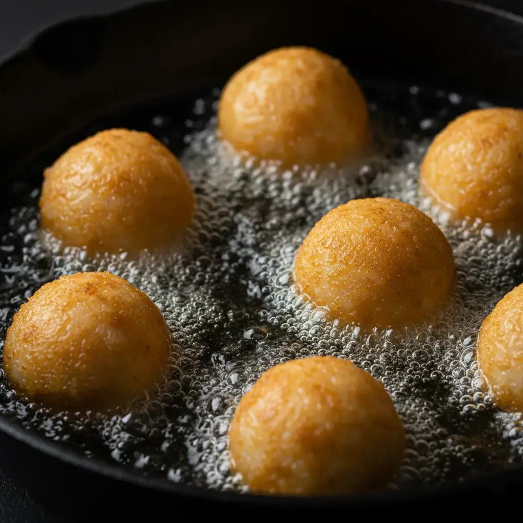 bolinho de arroz crocante fritando na panela.