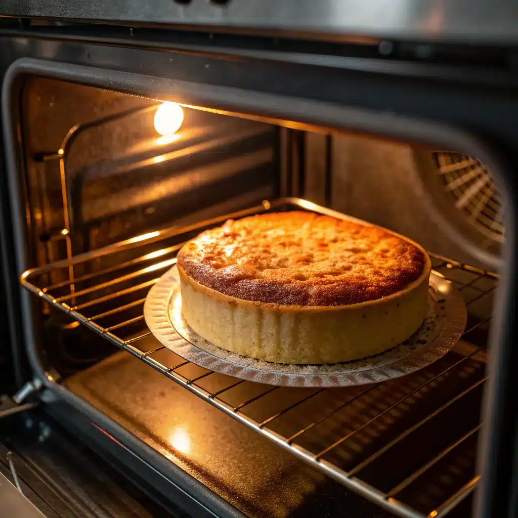 Bolo de coco e milho assando no forno.