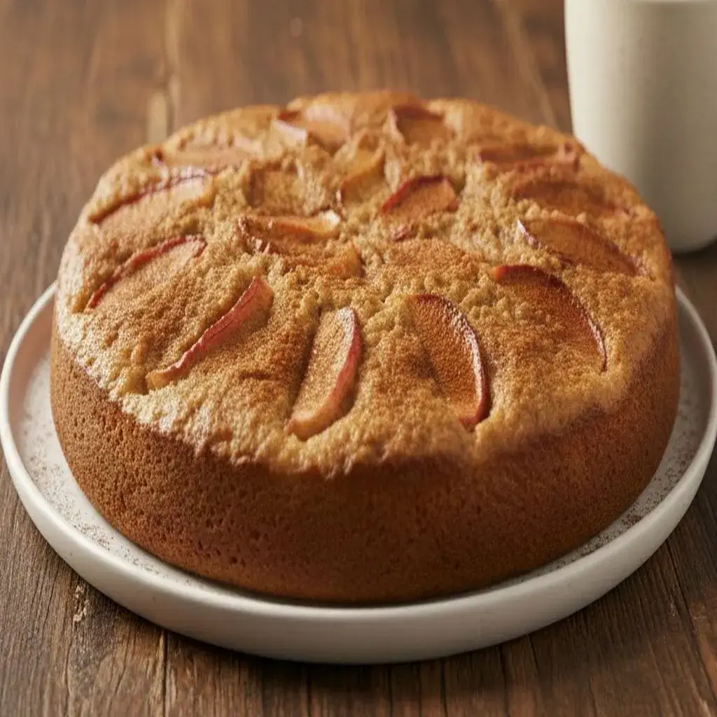 Bolo de maçã com aveia inteiro, decorado com fatias de maçã
