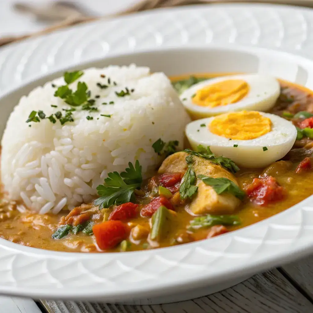 Moqueca de Ovo servida com arroz e farofa, prato completo