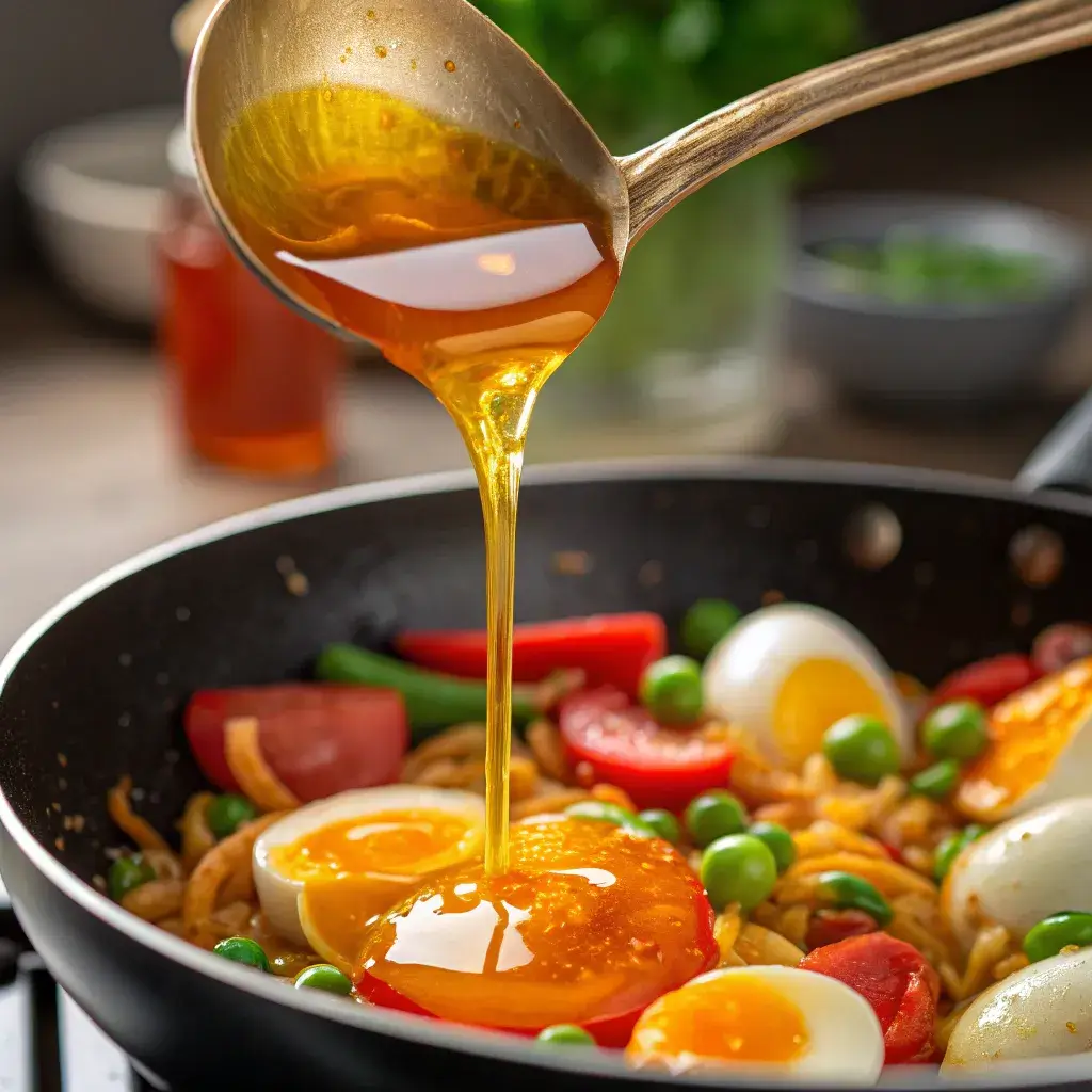 Regando a Moqueca de Ovo com azeite de dendê.