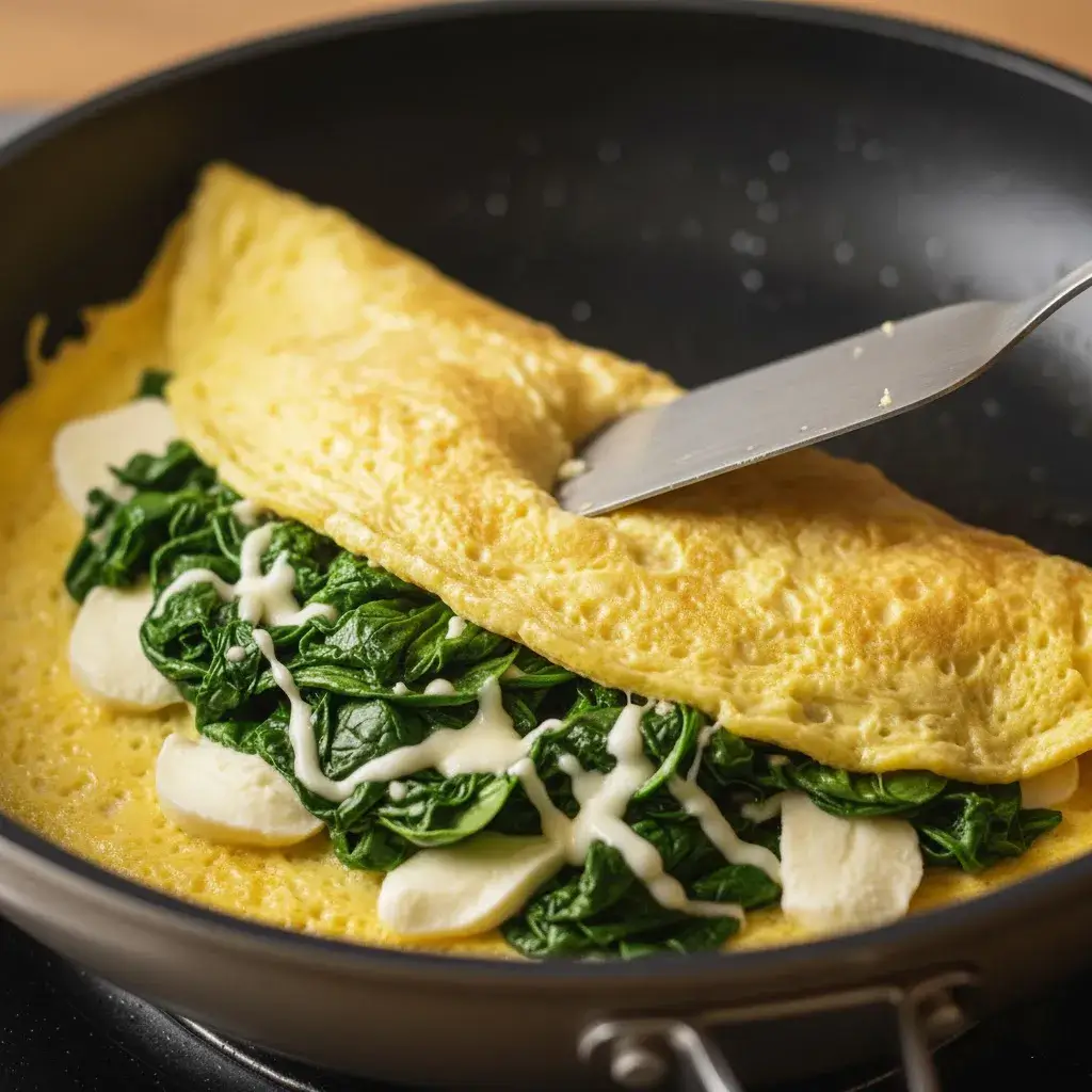Momento de dobrar a Omelete de Espinafre com Queijo na frigideira.