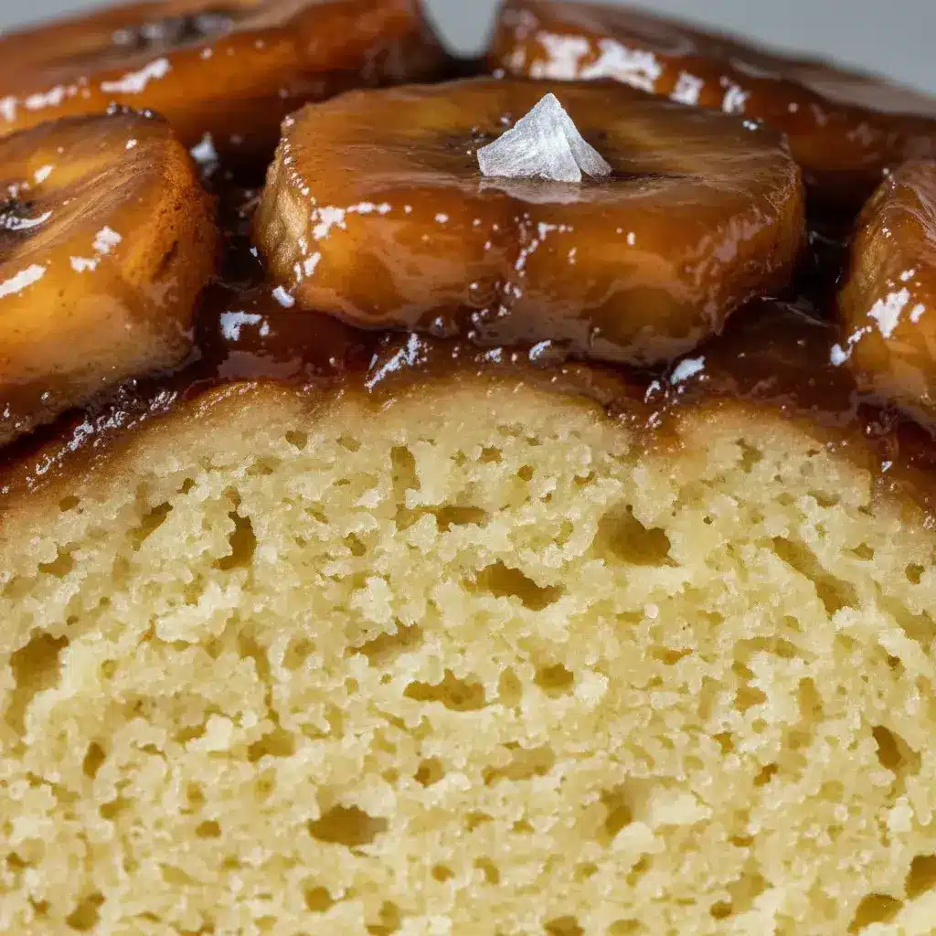 close-up da textura do bolo de banana invertido sem glúten.