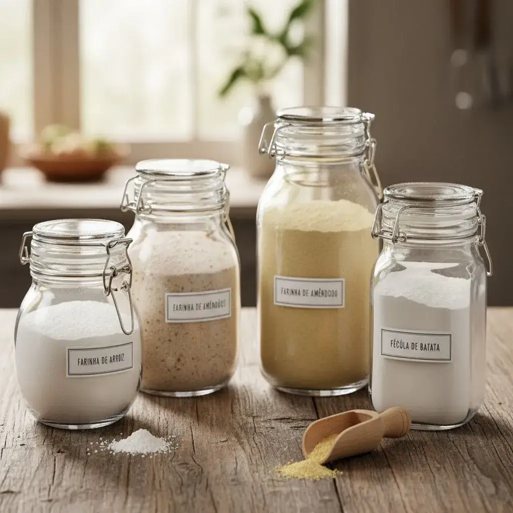 Variedade de farinhas sem glúten para cozinhar.