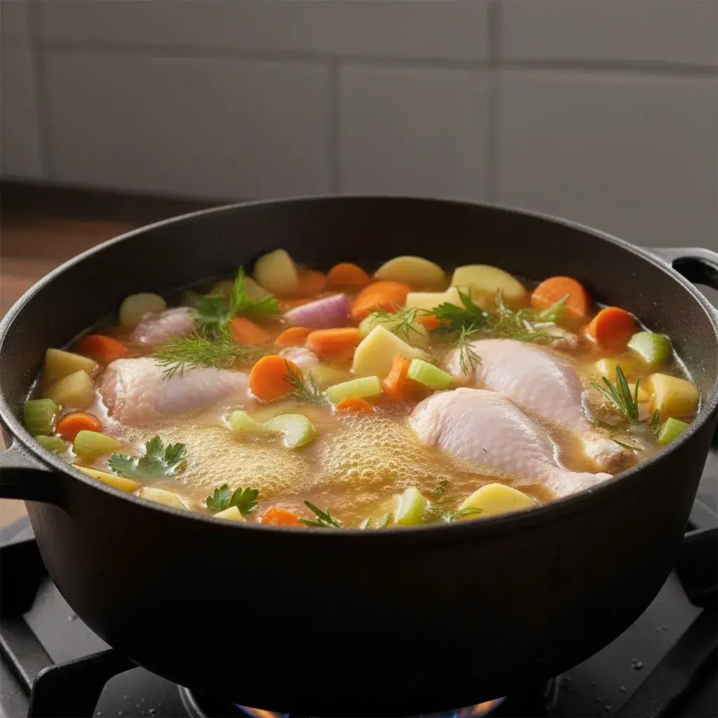 Fazendo o caldo caseiro para a Sopa de Frango com Legumes.