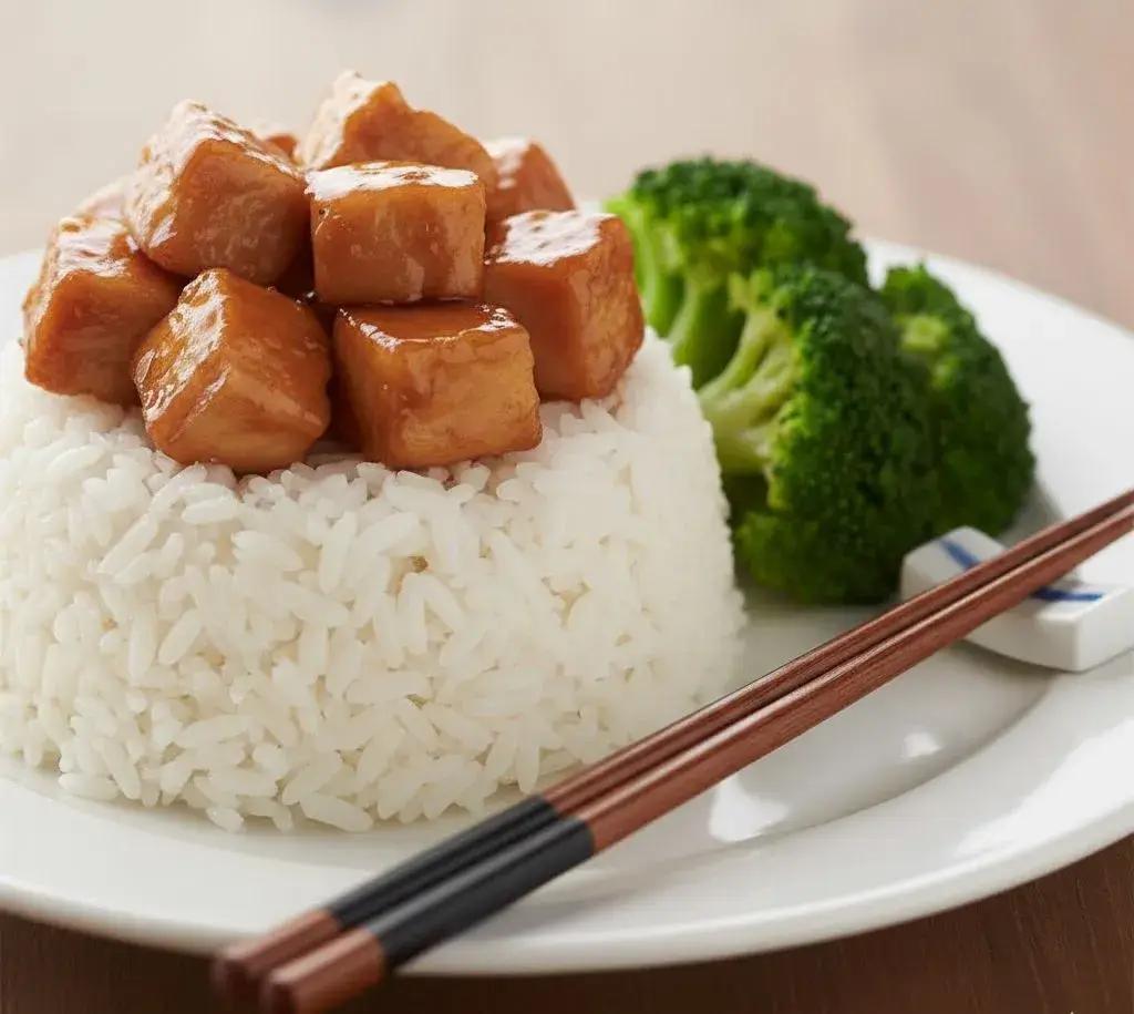 Frango Teriyaki servido com arroz e brócolis, uma refeição completa.