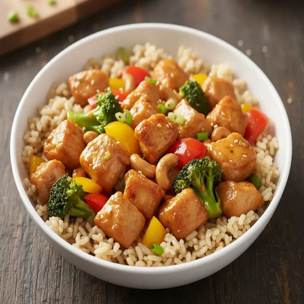 Frango Xadrez Light servido com arroz integral.