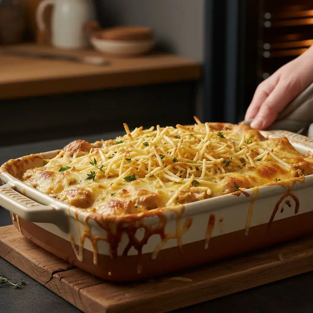 Fricassê de Frango gratinado com queijo e batata palha, recém-saído do forno.