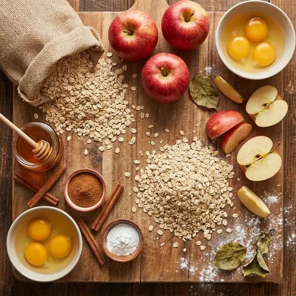 Ingredientes saudáveis para bolo de maçã com aveia.