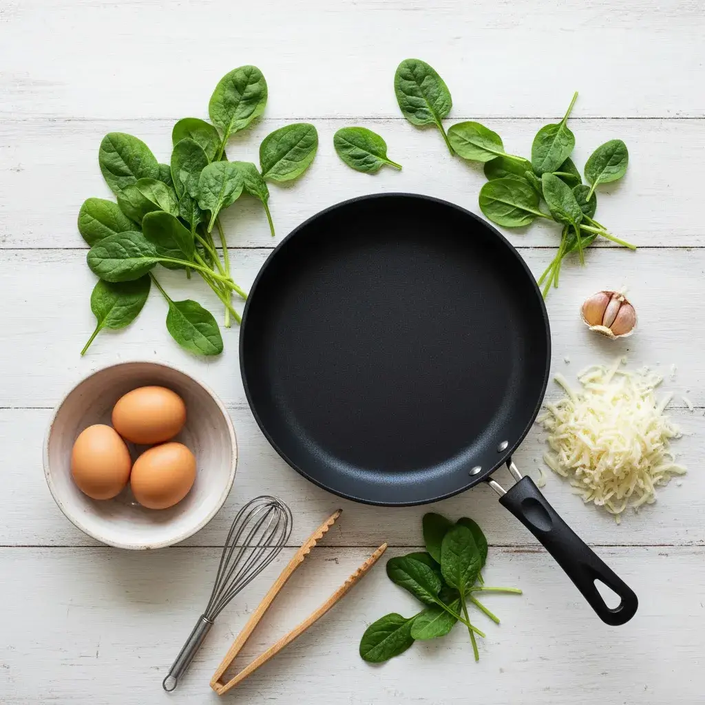 Ingredientes frescos para fazer Omelete de Espinafre com Queijo