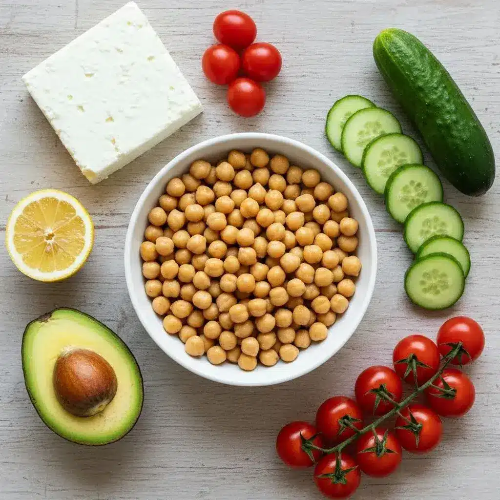Ingredientes frescos para a Salada de Grão-de-Bico, Feta e Abacate.