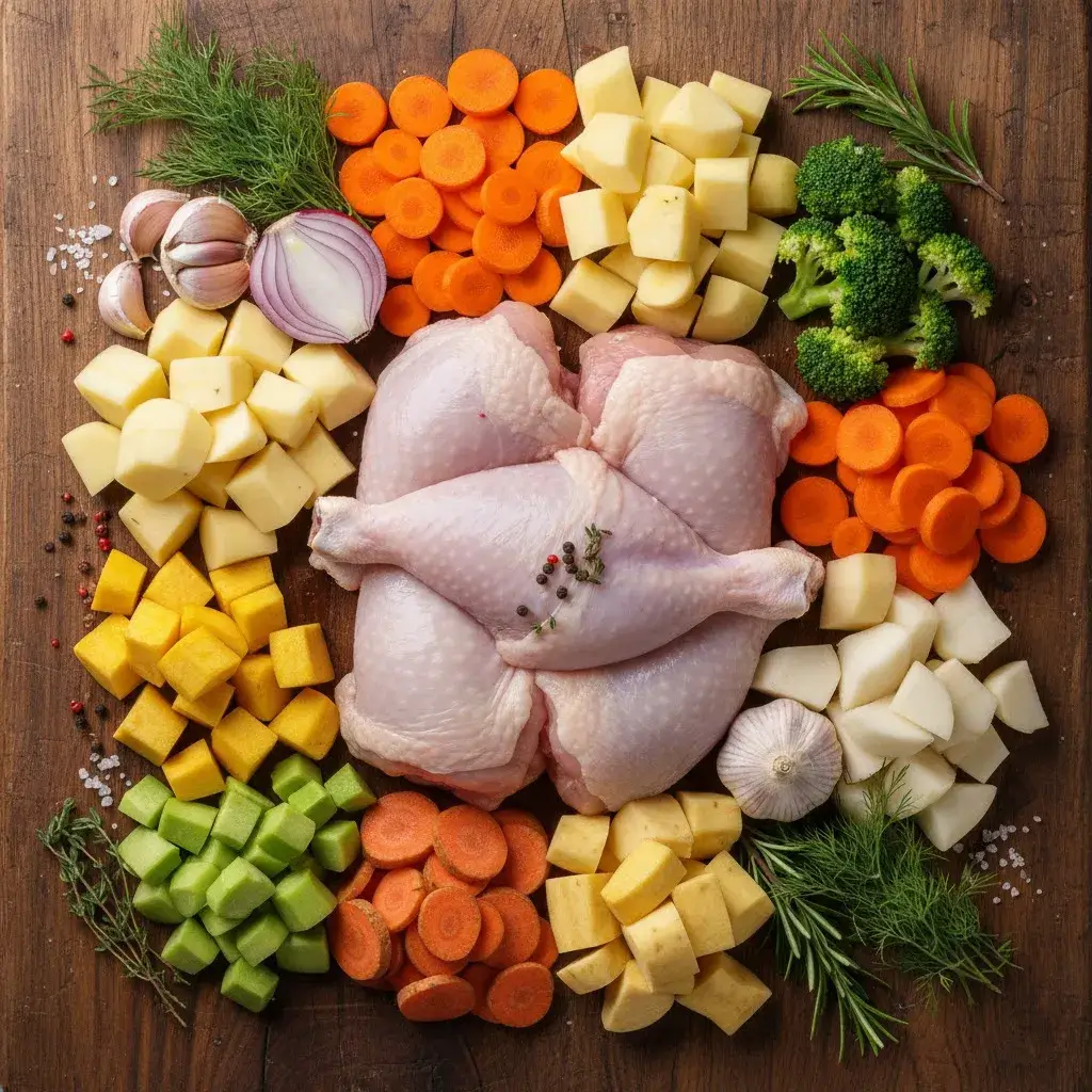 Ingredientes frescos para a Sopa de Frango com Legumes.