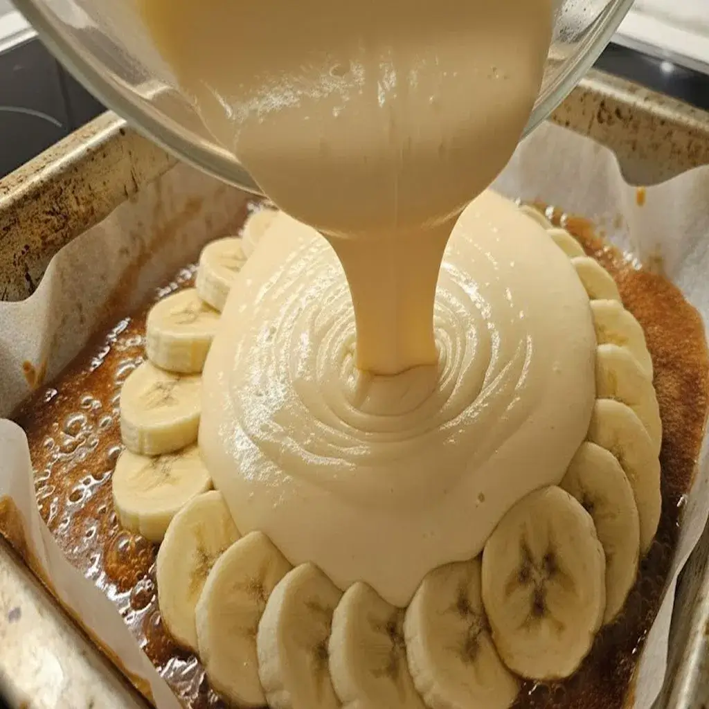 massa do bolo de banana invertido sem glúten sendo despejada