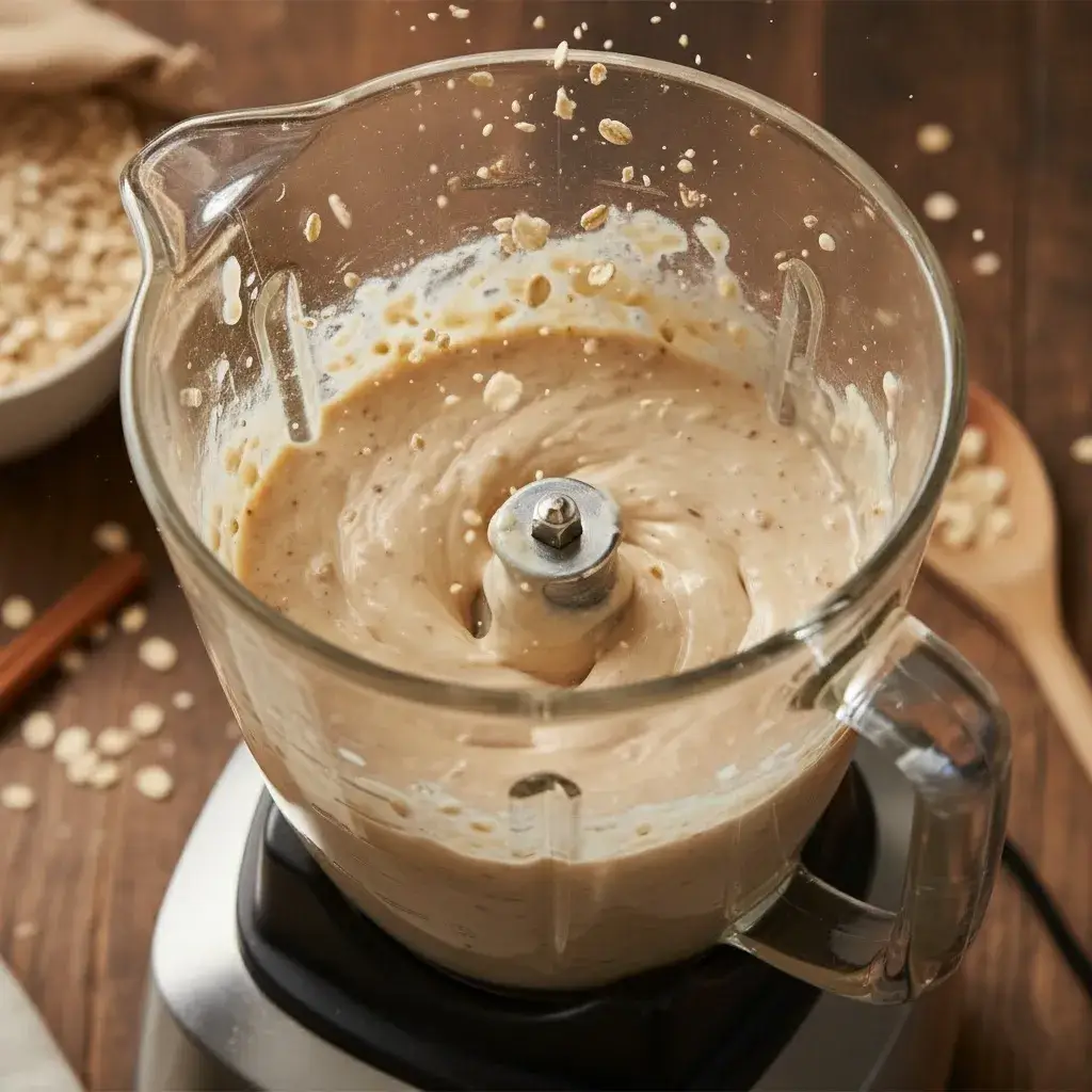 Bater a massa do bolo de maçã com aveia no liquidificador.
