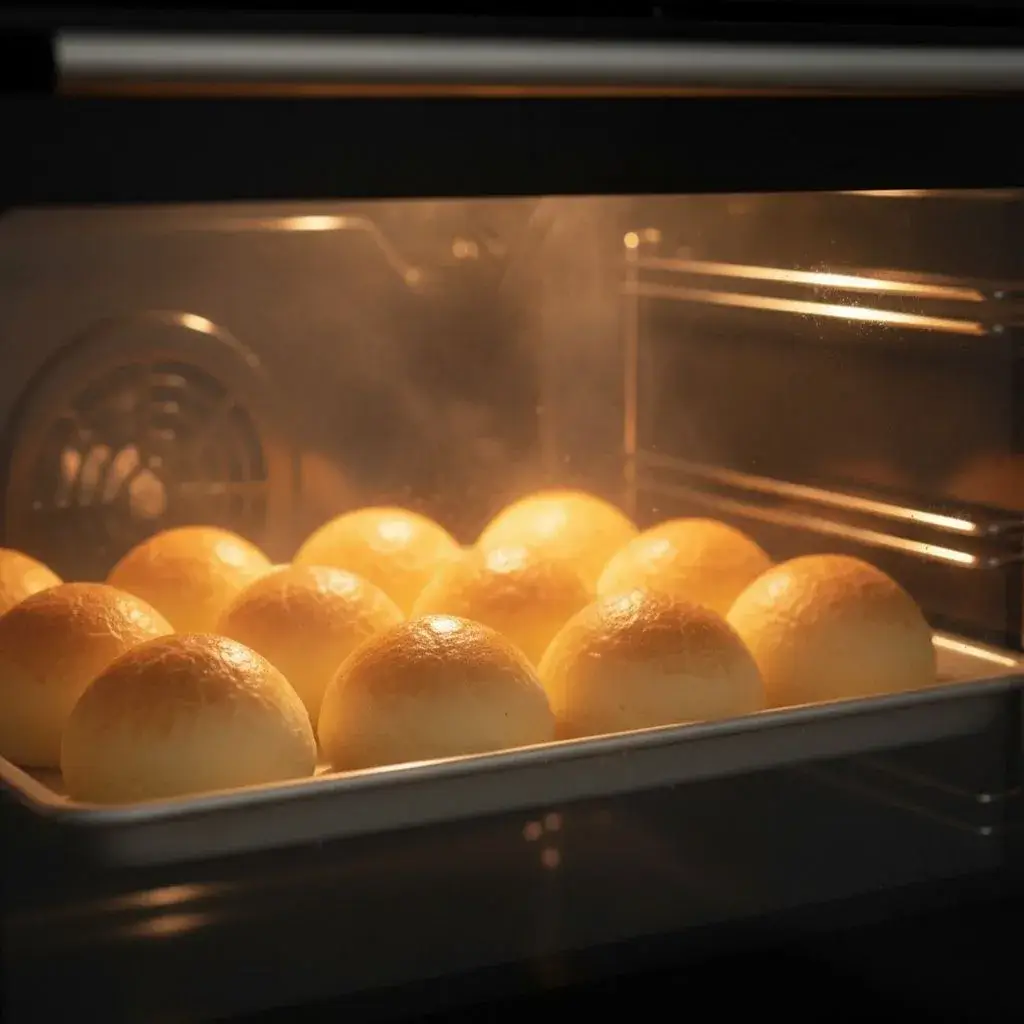Mini Pão de Queijo dourado assando no forno.