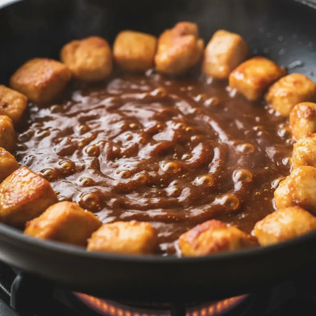 Molho Teriyaki caseiro engrossando e caramelizando na frigideira.
