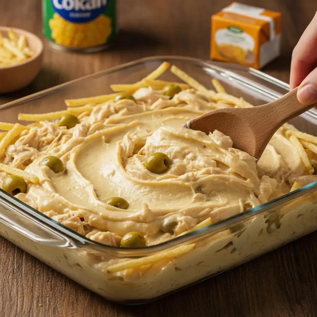 Montando o Fricassê de Frango na forma refratária