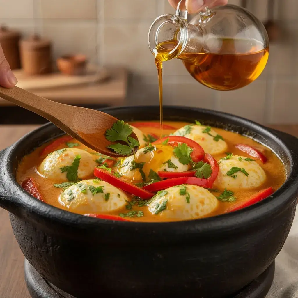 Montando as camadas da Moqueca de Ovo na panela.