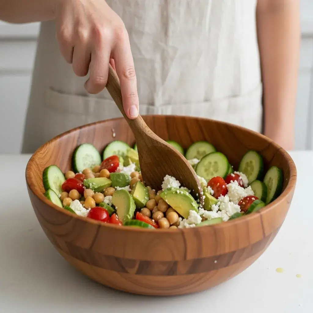 Misturando delicadamente a Salada de Grão-de-Bico, Feta e Abacate.