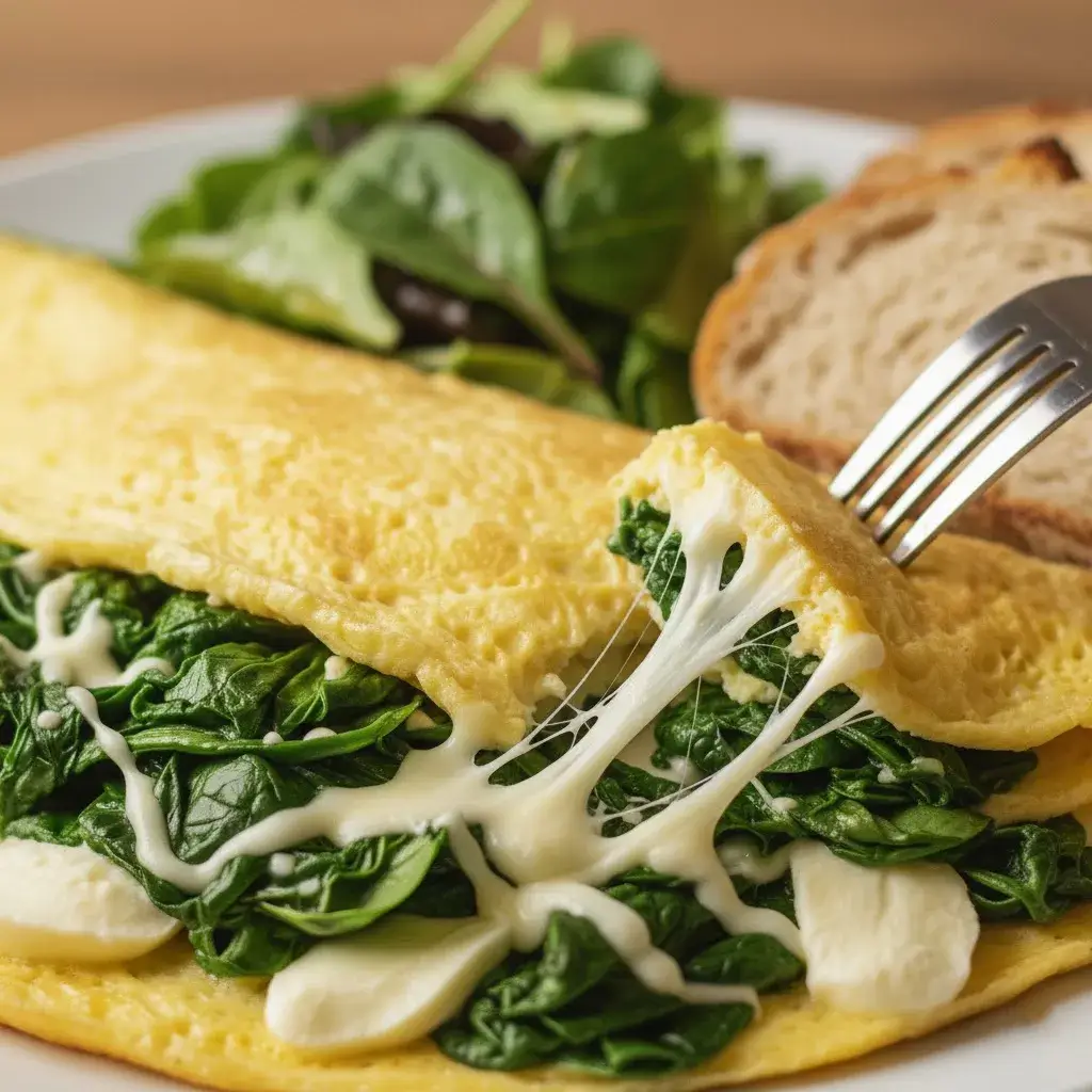 Omelete de Espinafre com Queijo pronta para servir, um prato completo e saudável.