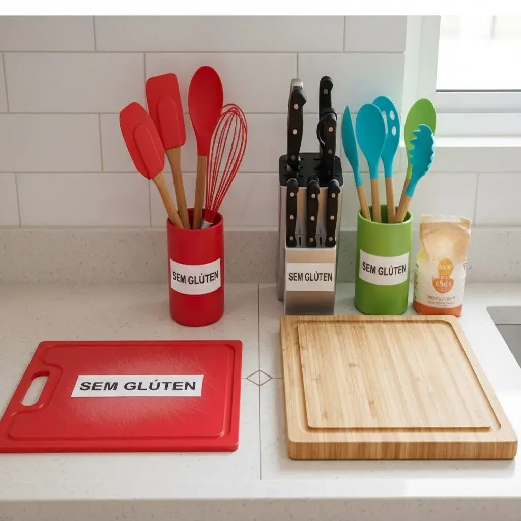 Organização da cozinha para evitar contaminação cruzada ao cozinhar sem glúten.