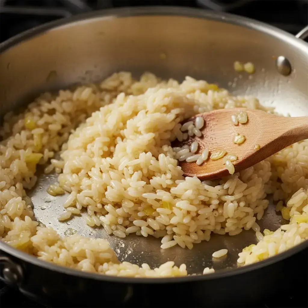Refogando o arroz arbório para o Risoto de Frango.