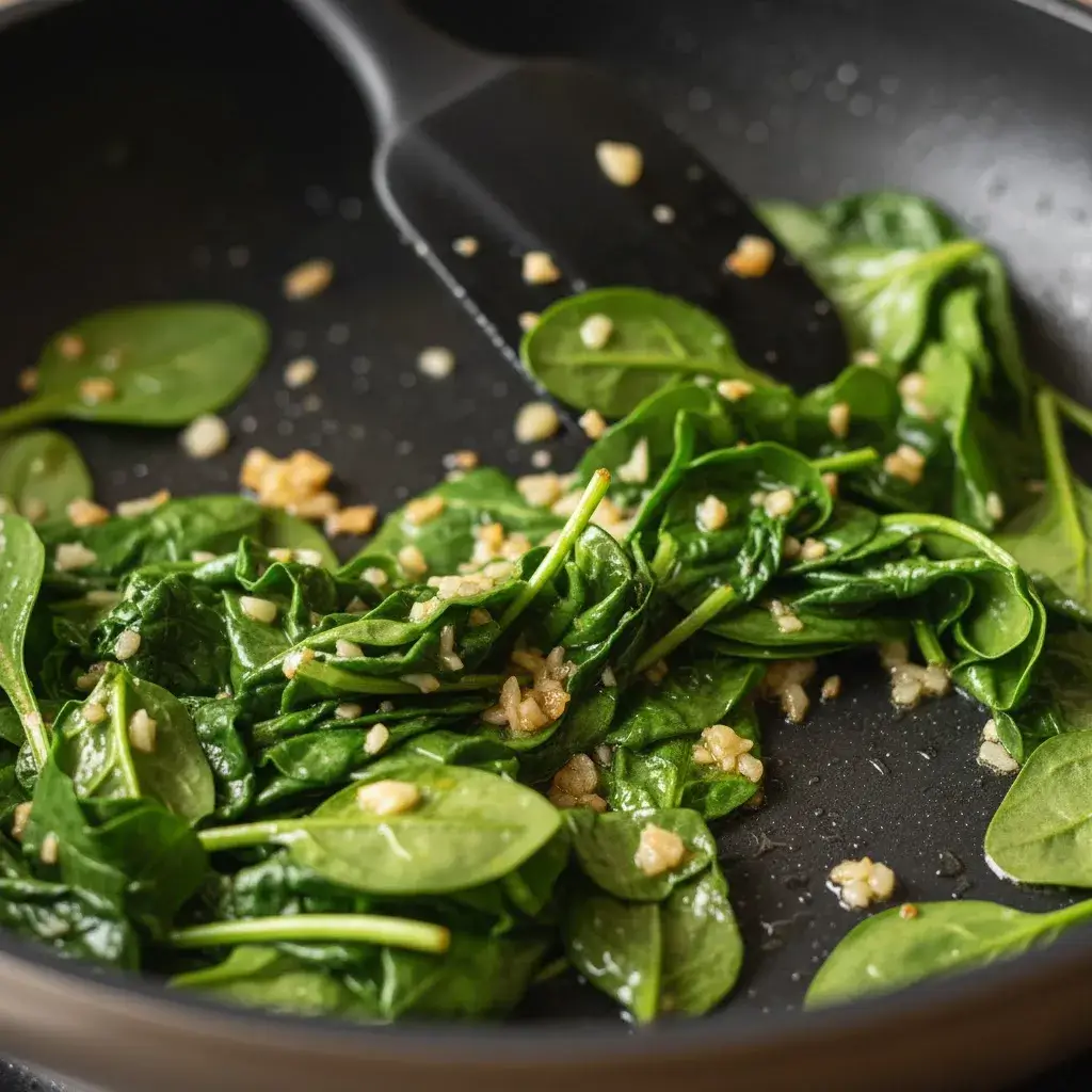 Espinafre sendo refogado para o recheio da Omelete de Espinafre com Queijo.