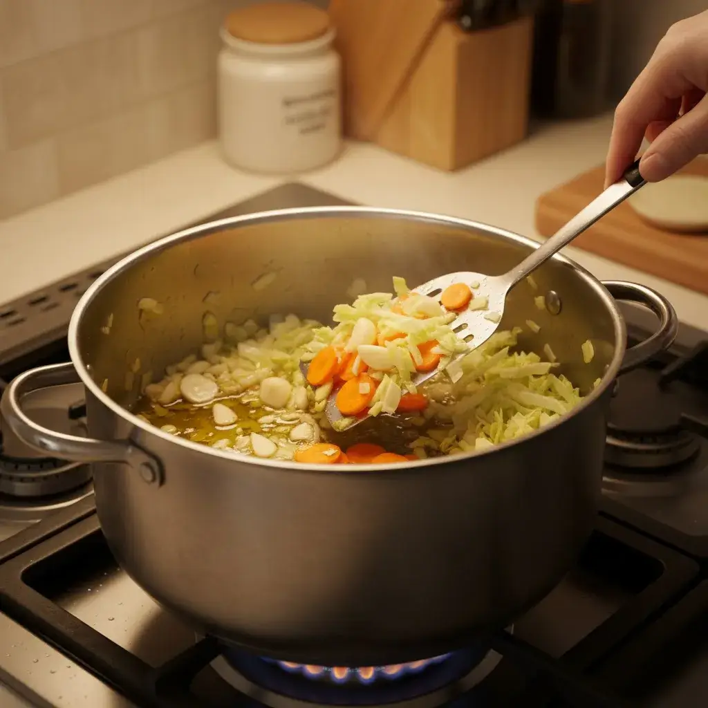 preparando a base da sopa detox de repolho