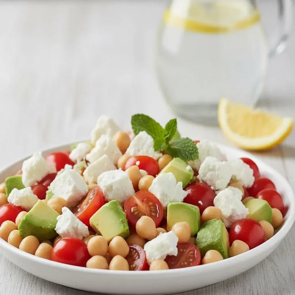 Prato de Salada de Grão-de-Bico, Feta e Abacate pronto para servir.
