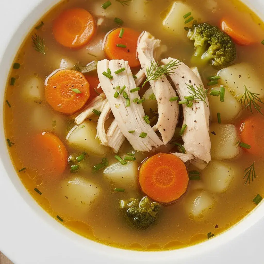 Bowl de Sopa de Frango com Legumes caseira, pronto para servir.
