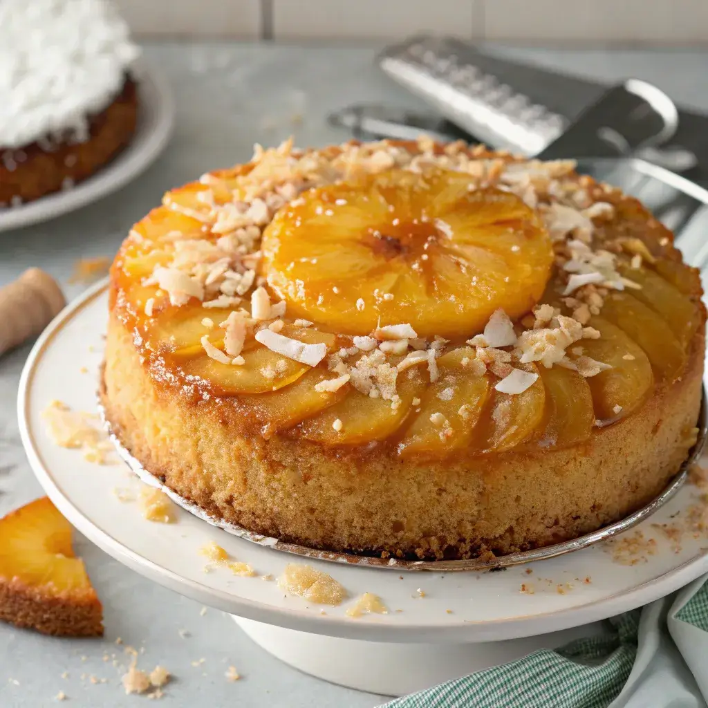 Bolo de coco e abacaxi inteiro com cobertura de abacaxi caramelizado.