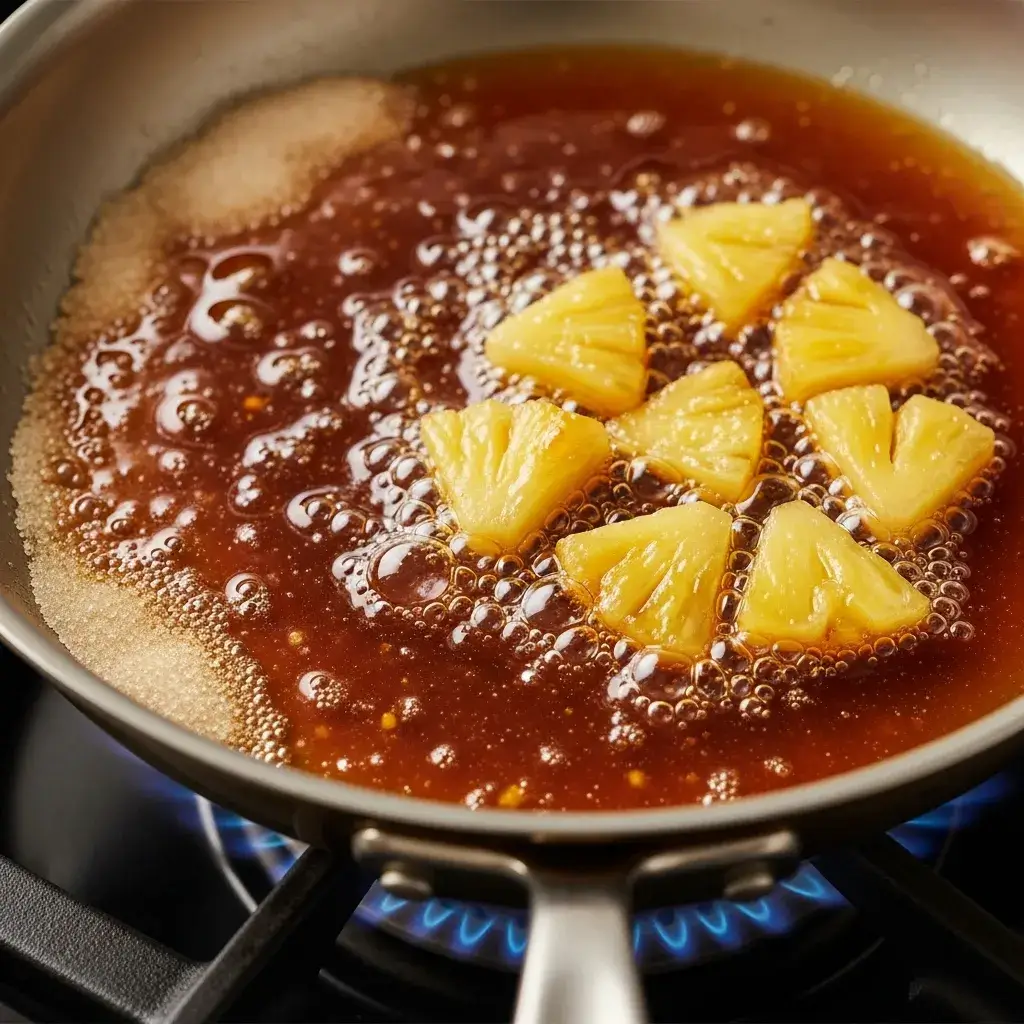 Fazendo a calda de abacaxi caramelizado para o bolo.