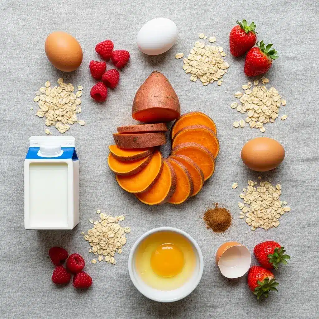 Ingredientes naturais para waffles de batata doce saudáveis.