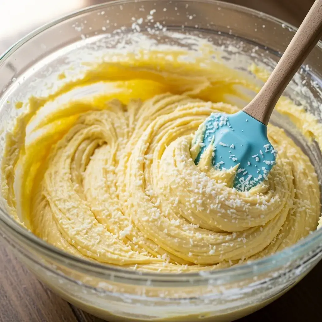 Misturando a massa do bolo de coco e abacaxi.