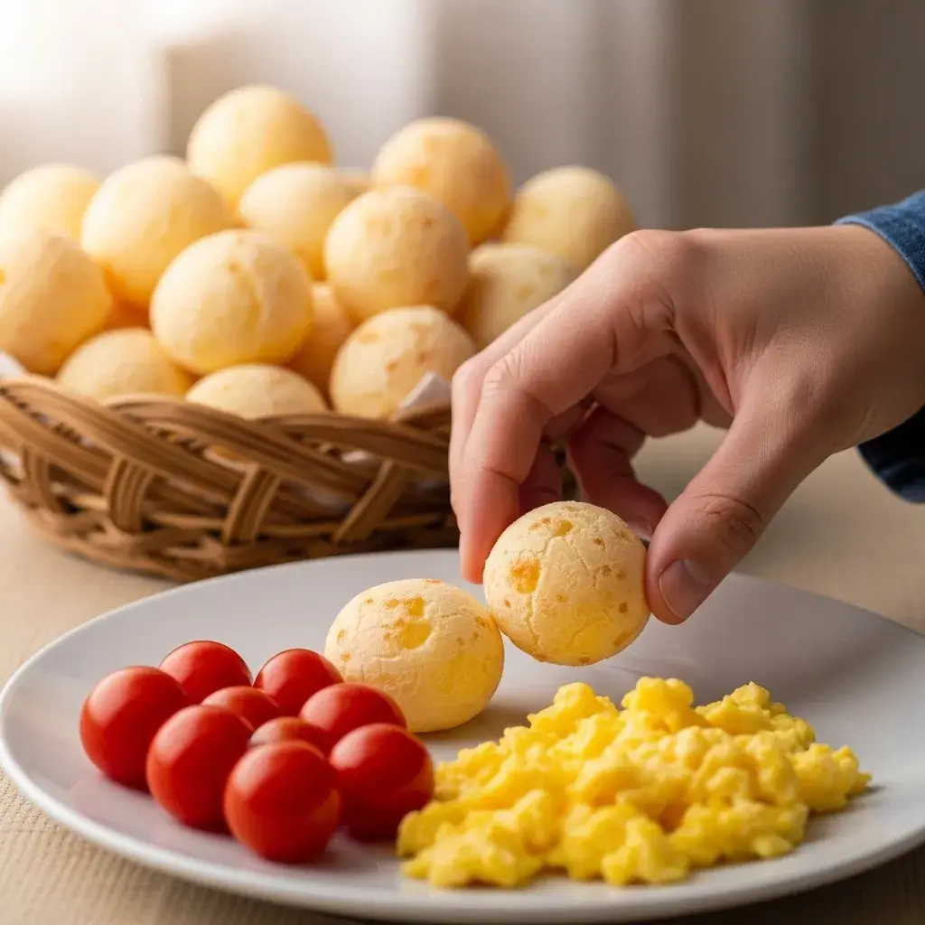 porcao controlada de pao de queijo em refeicao balanceada