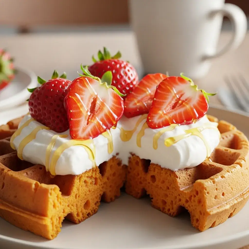 Waffle de batata doce crocante partido ao meio, com iogurte e morangos.