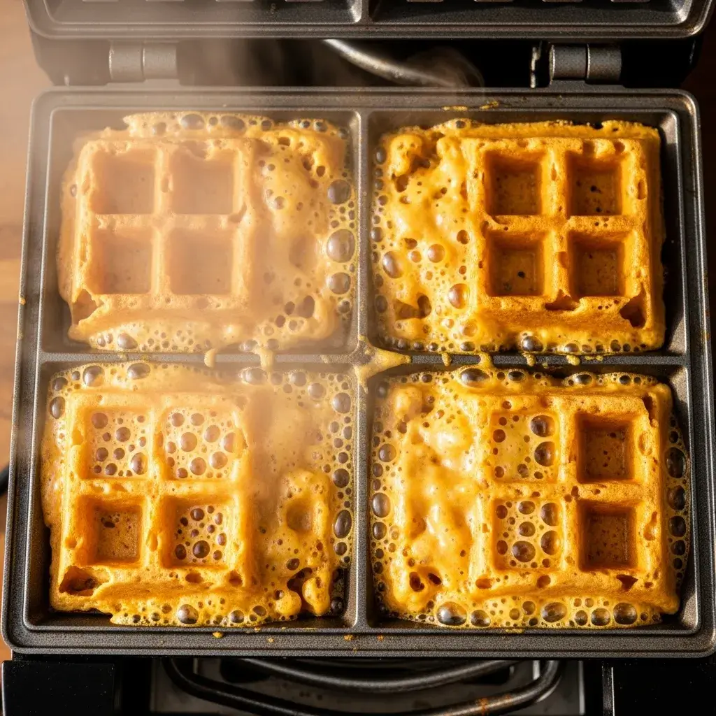 Cozinhando waffles de batata doce na waffleira.