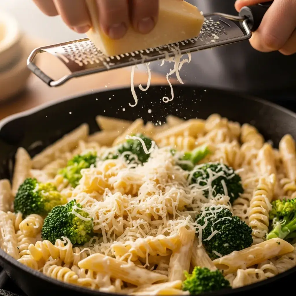 Adicionando queijo parmesão ralado para finalizar o molho cremoso do macarrão com brócolis.