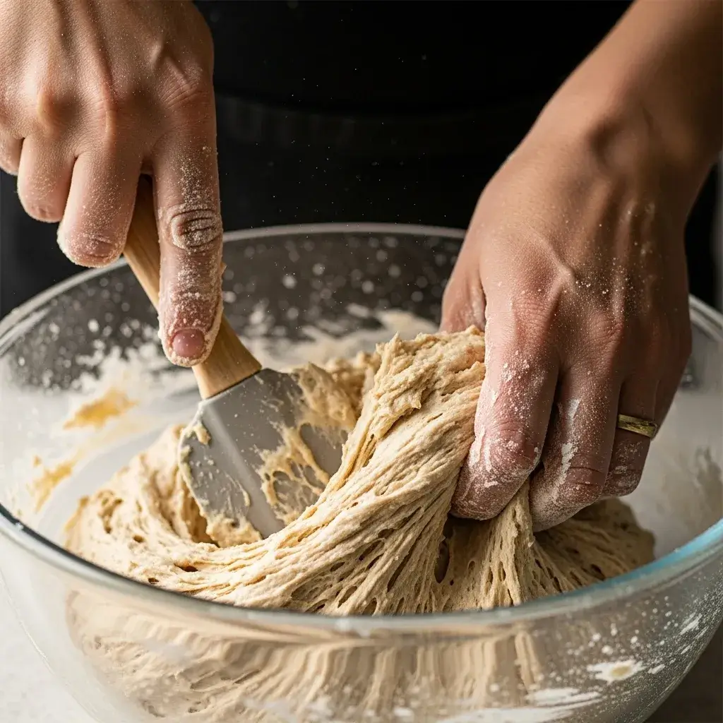 Batendo e desenvolvendo a massa do pão sem glúten.