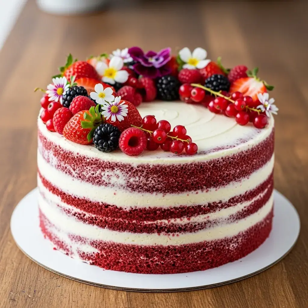 Bolo Red Velvet Romântico naked cake com frutas no topo