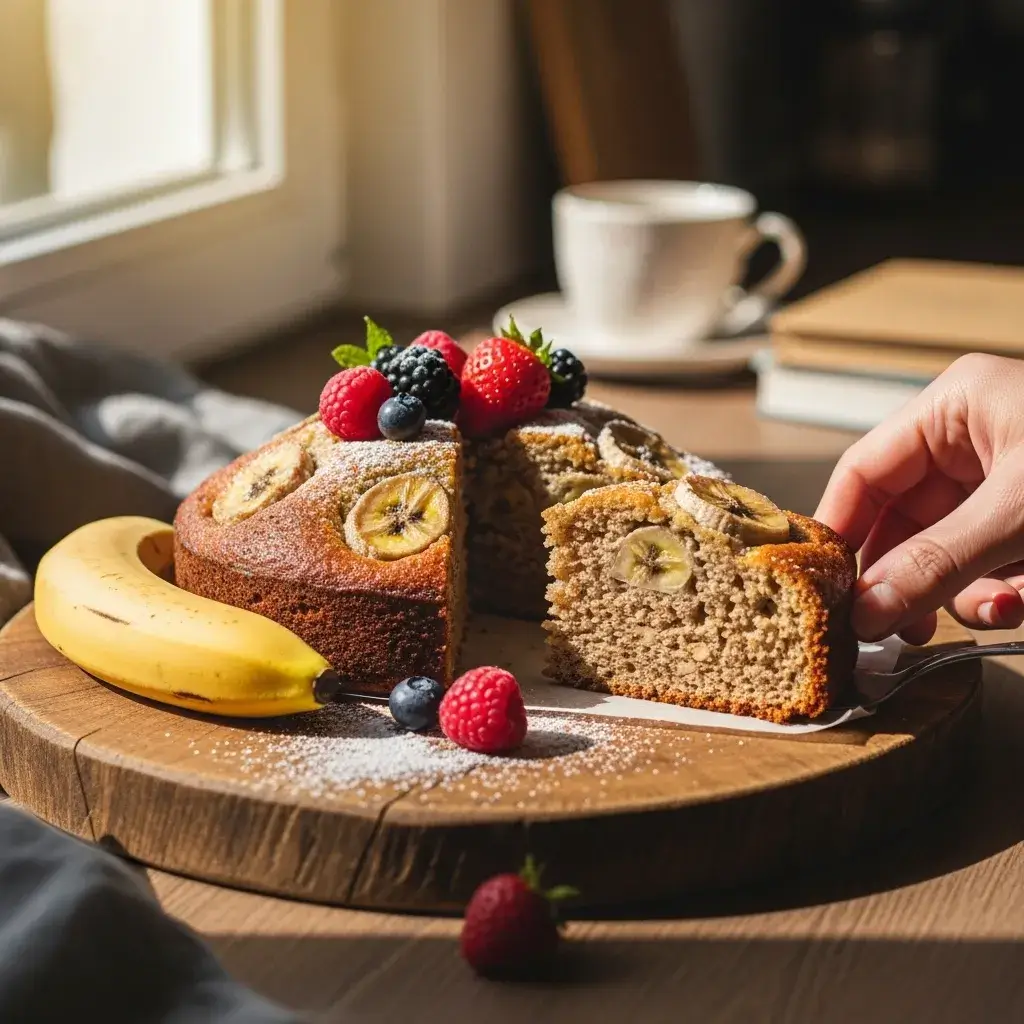 Bolo de Banana Fit servido com café e pasta de amendoim.