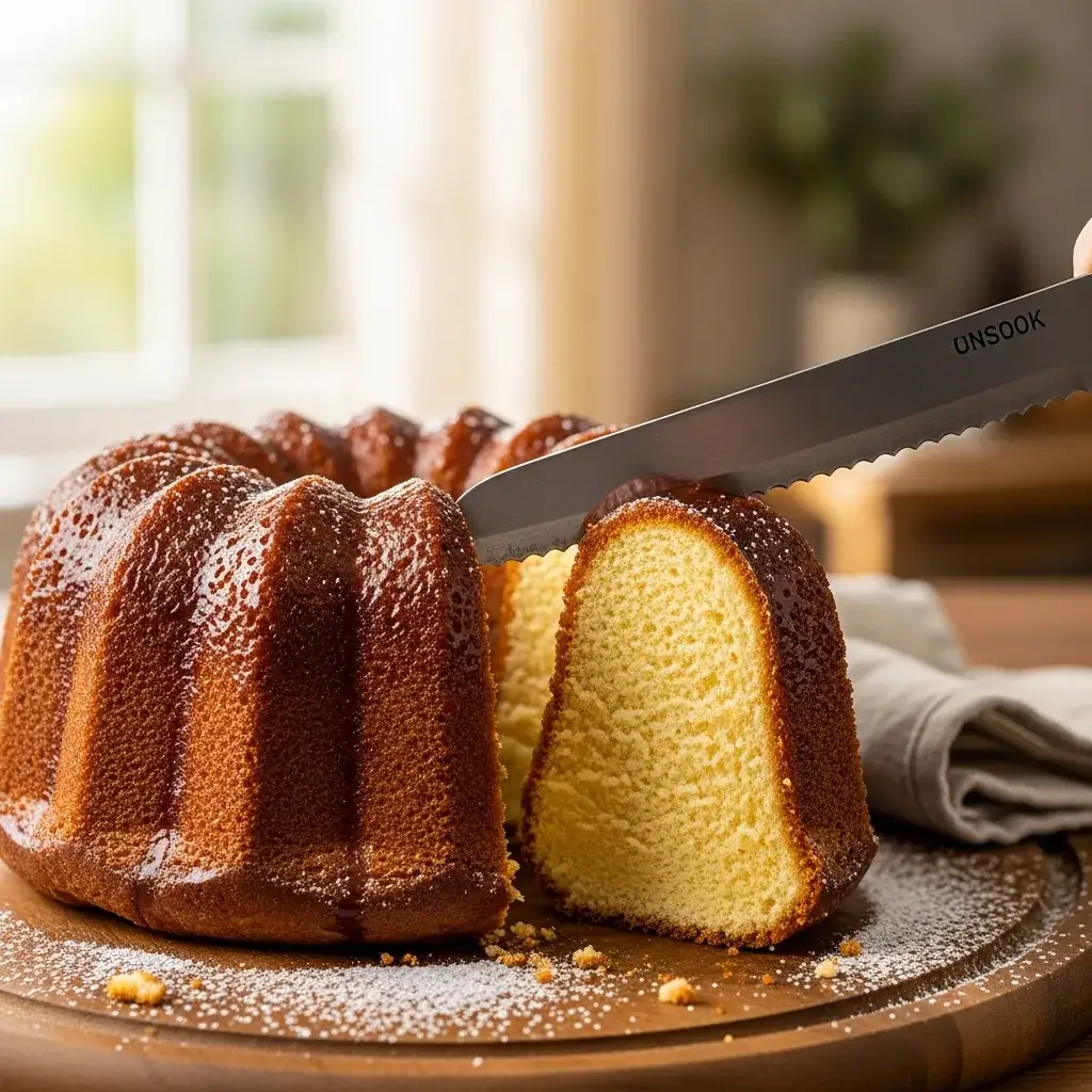 Bolo de Leite dourado e quentinho sendo fatiado.