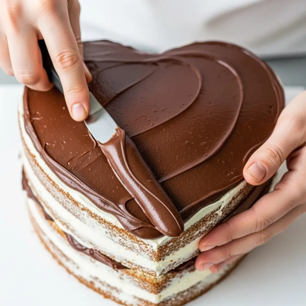 Cobrindo um Bolo de Dia dos Namorados com ganache de chocolate