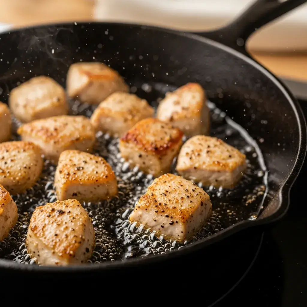 Dourando os cubos de frango para o refogado.