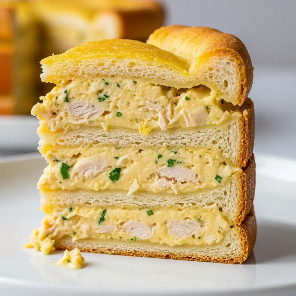 Fatia cortada mostrando as camadas da torta de pão com frango