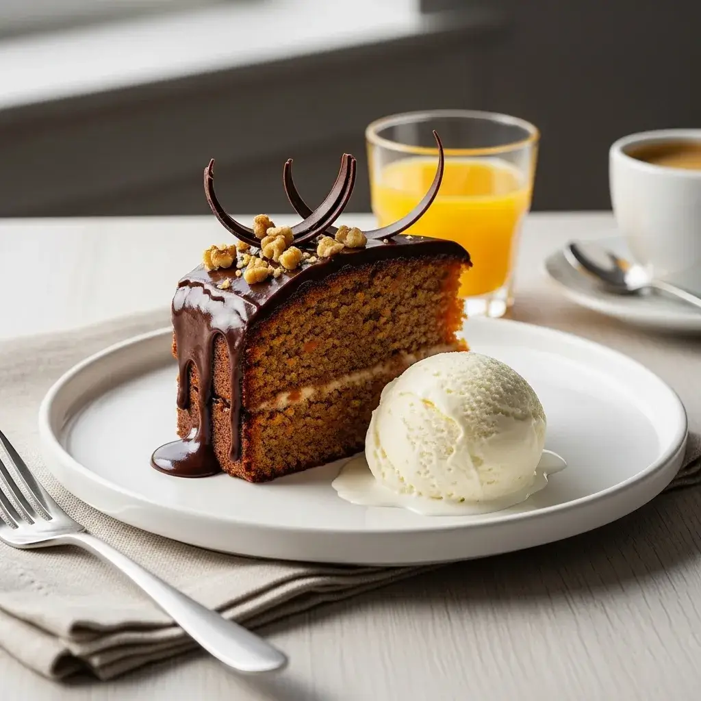 Fatia de bolo de cenoura mesclado com chocolate servida com sorvete