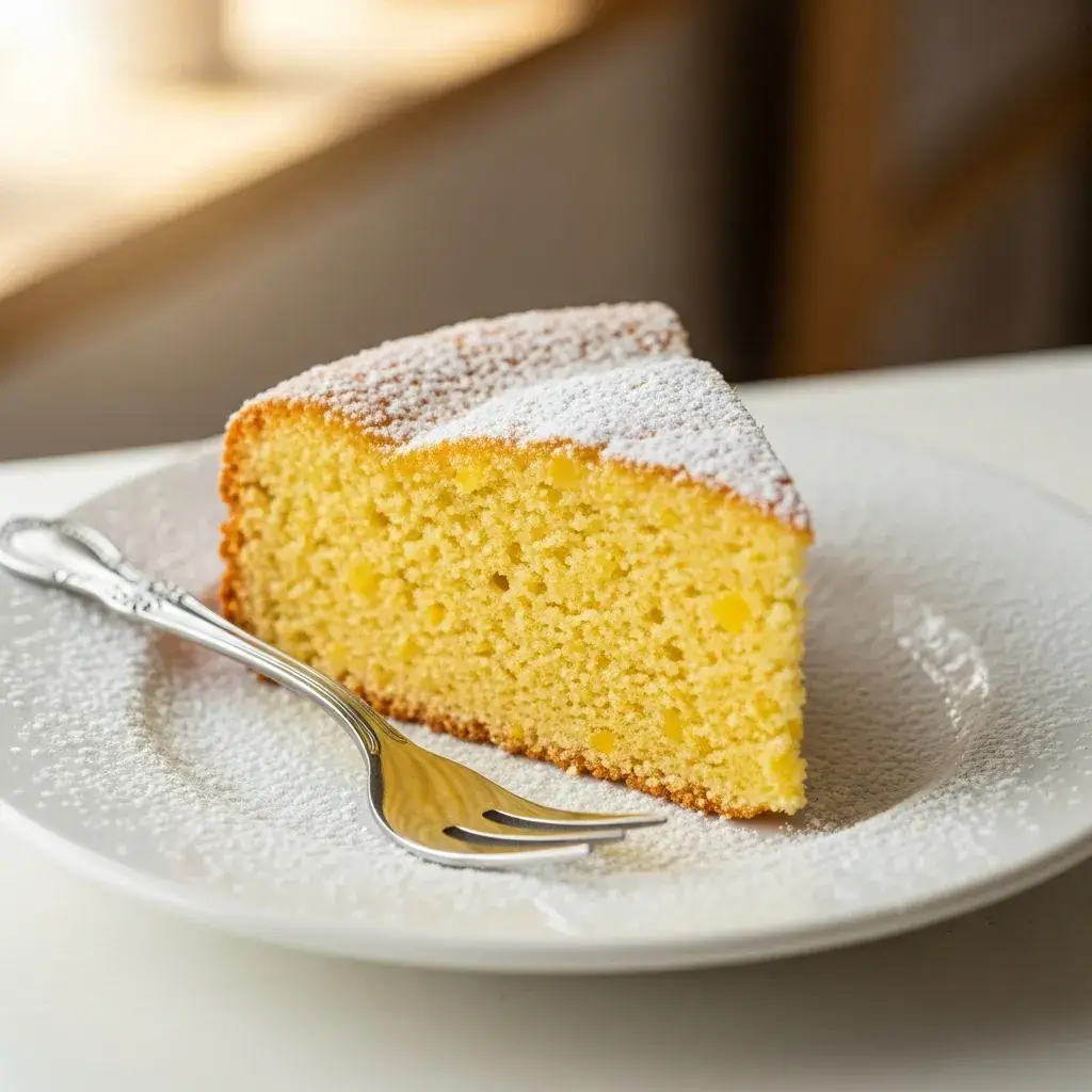 Fatia de bolo de flocão de milho servida com café e leite condensado